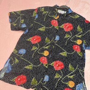 Vintage Polka Dot Floral Shirt 22w Dopamine Dressing Maximalist Grannycore Black